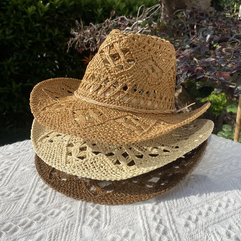 Handmade Straw Hat Women Men Summer Classic Vintage Hollow Out Western Curled Wide Brim fashion Sun Hat Cowboy Hats Climbing Cap