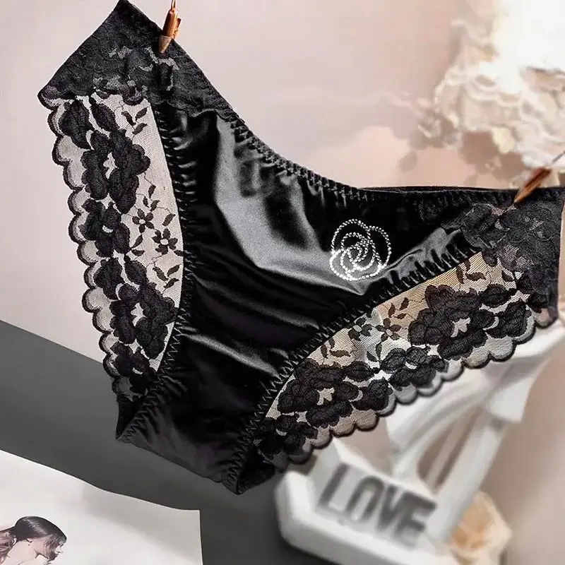 French Style Sexy Lace Women's Panties Satin Silk Comfortable Seamless Fashion Diamond Briefs Comfortable Breathable Panties