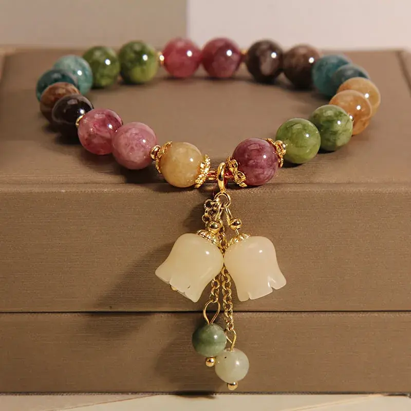 Fashion Natural Tourmaline Crystal Bracelet Orchid Pendant Stretch Beaded Bracelet Ins Women's Birthday Party Accessories Gift