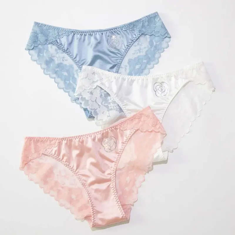 French Style Sexy Lace Women's Panties Satin Silk Comfortable Seamless Fashion Diamond Briefs Comfortable Breathable Panties