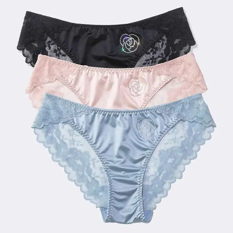 French Style Sexy Lace Women's Panties Satin Silk Comfortable Seamless Fashion Diamond Briefs Comfortable Breathable Panties