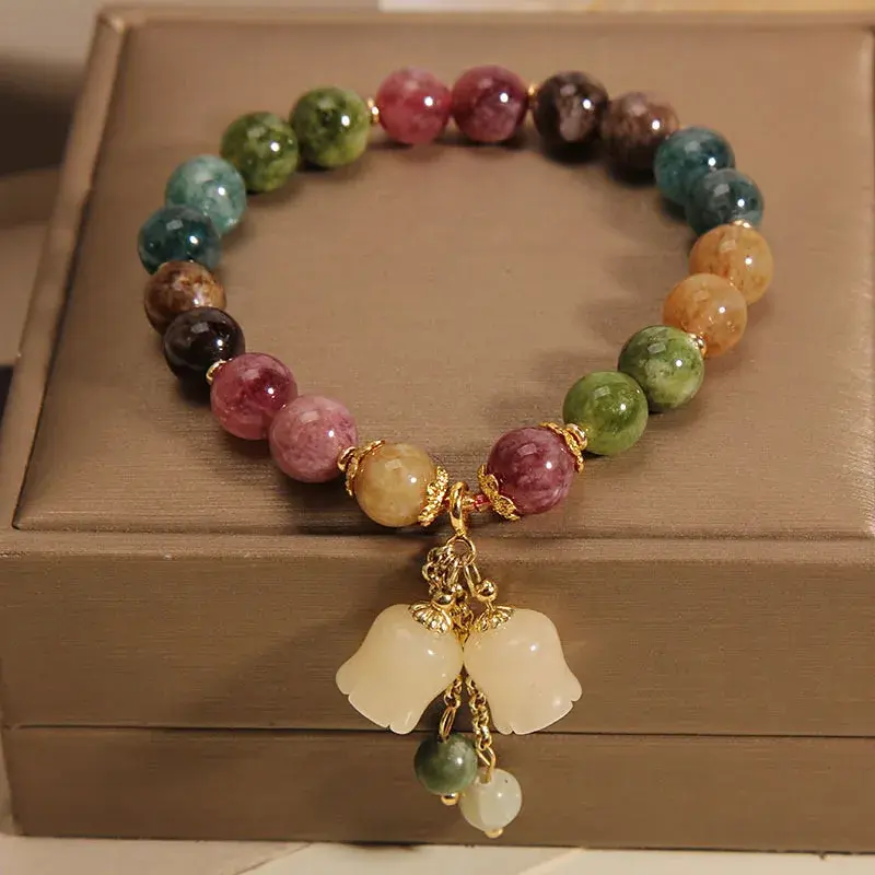 Fashion Natural Tourmaline Crystal Bracelet Orchid Pendant Stretch Beaded Bracelet Ins Women's Birthday Party Accessories Gift