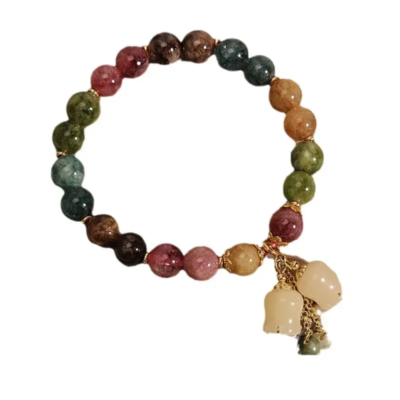 Fashion Natural Tourmaline Crystal Bracelet Orchid Pendant Stretch Beaded Bracelet Ins Women's Birthday Party Accessories Gift
