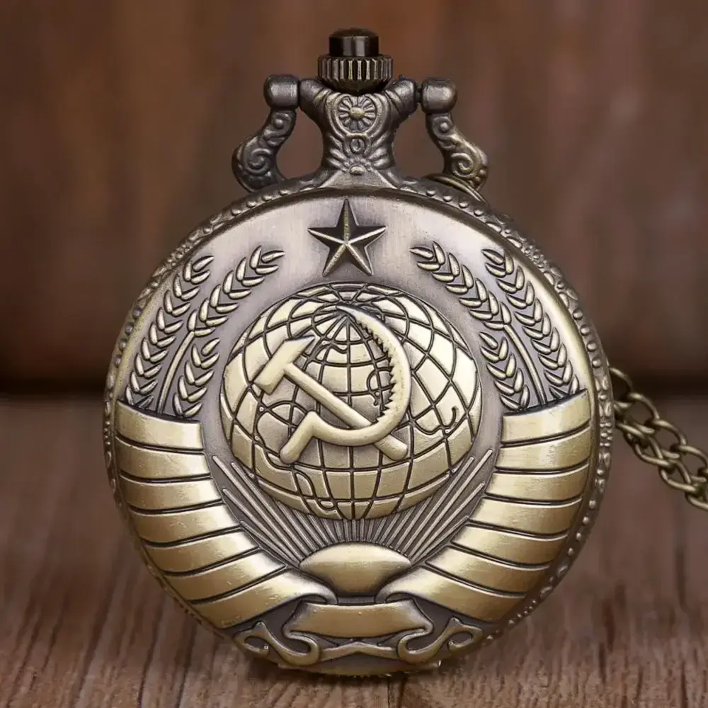 Vintage USSR Soviet Badges Sickle Hammer Pocket Watch Necklace Bronze Pendant Chain Quartz Clock Fashion Emblem Women Men Gift