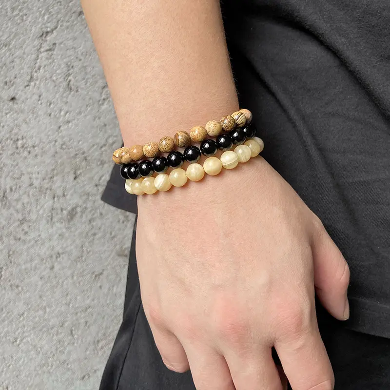 3Pcs/Set Natural Stone Bracelet Quartzs Obsidian Amethysts Tiger Eye Beads Fashion Elastic Bracelets Women Men Health Protection