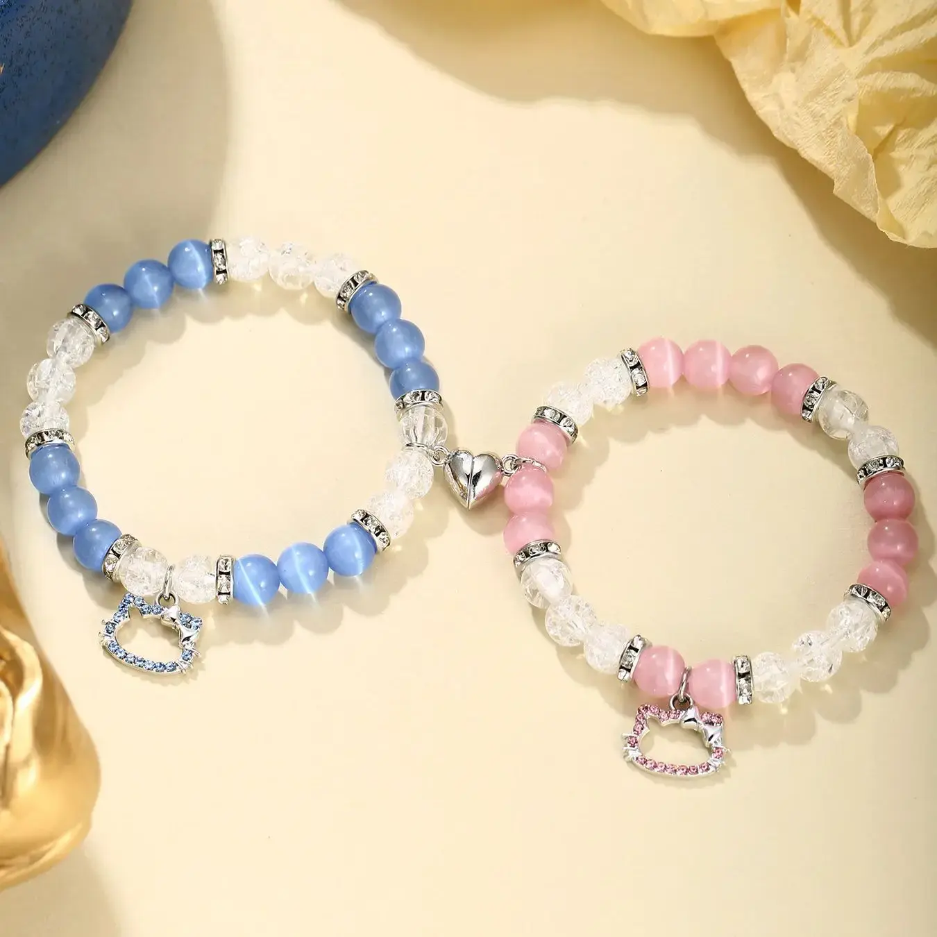 2Pcs/Set  Fashion Lovers Elastic Beads Cute Cat Pendant Heart Shape Magnet Elastic Couple's Bracelets Trendy Jewelry Gifts