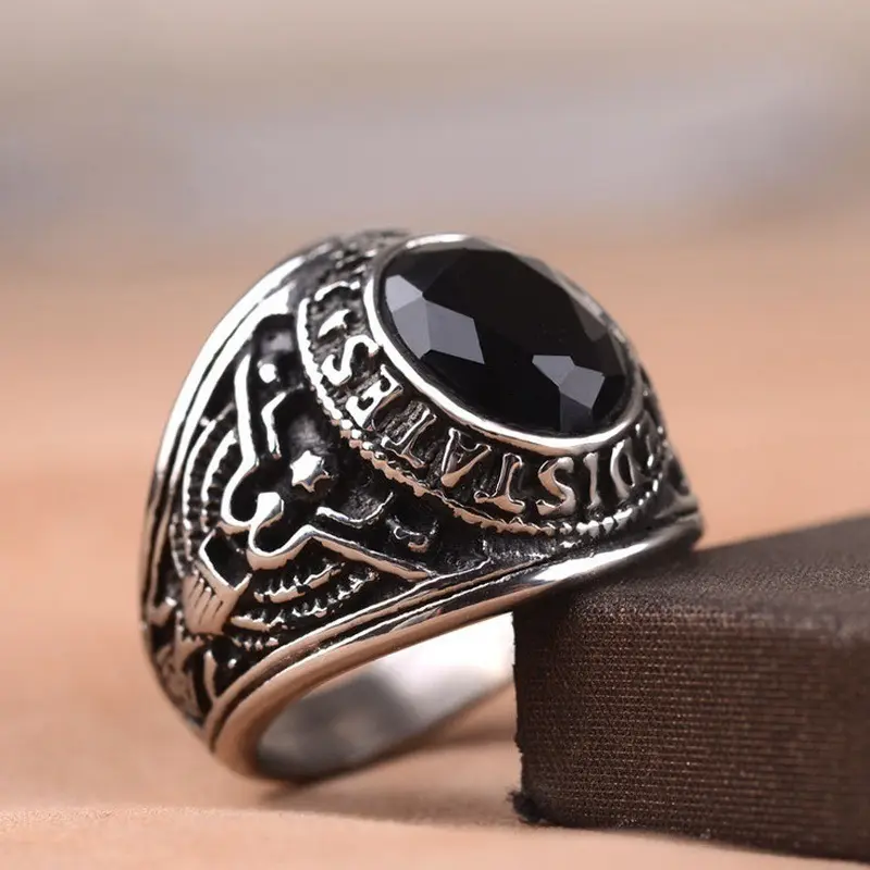 Fashion Trend Personality Men's Ring Domineering Red Green Blue Black Gemstone Inlaid Creative Retro Ring Jewelry Accessories