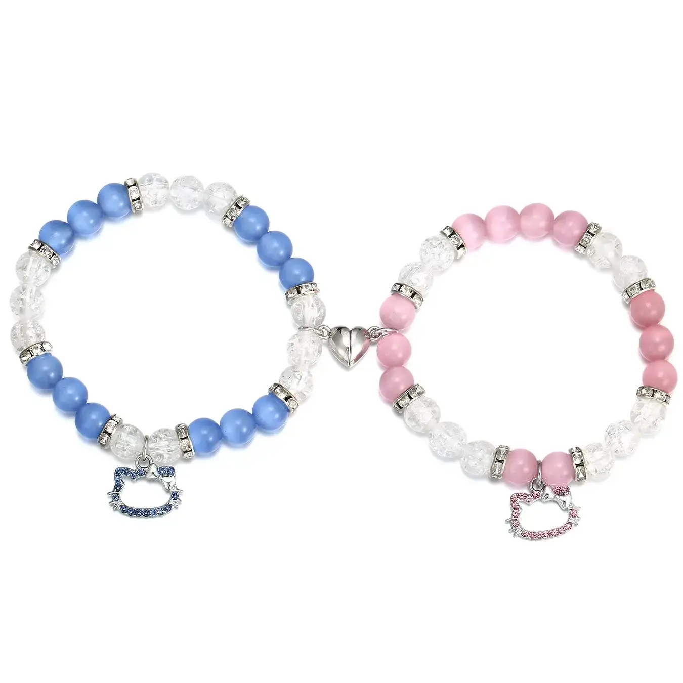 2Pcs/Set  Fashion Lovers Elastic Beads Cute Cat Pendant Heart Shape Magnet Elastic Couple's Bracelets Trendy Jewelry Gifts
