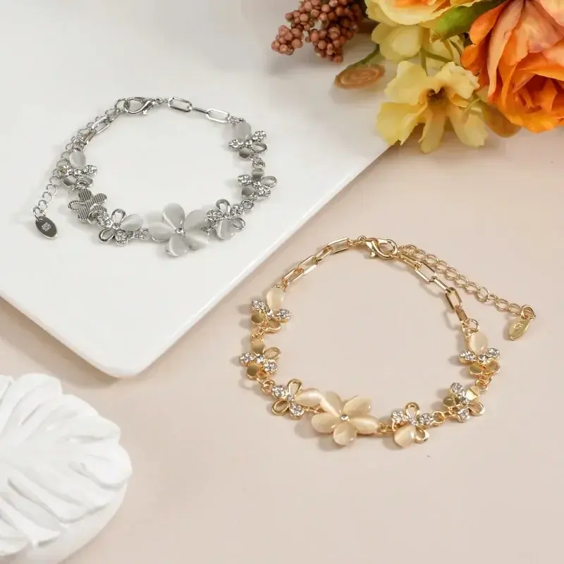 Fashion Lucky Flower Bracelet Crystals Chain Woman Stainless Steel Flower Bracelet Women Valentines Gift Wedding Party Jewelry