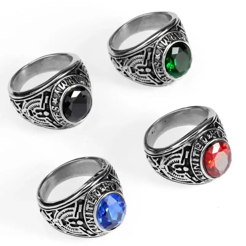 Fashion Trend Personality Men's Ring Domineering Red Green Blue Black Gemstone Inlaid Creative Retro Ring Jewelry Accessories