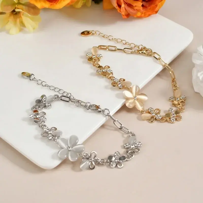 Fashion Lucky Flower Bracelet Crystals Chain Woman Stainless Steel Flower Bracelet Women Valentines Gift Wedding Party Jewelry