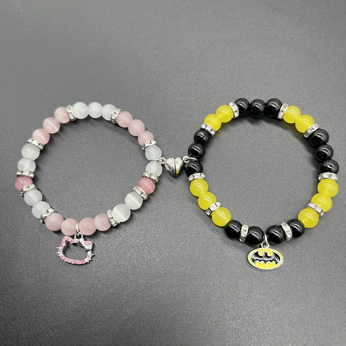 2Pcs/Set  Fashion Lovers Elastic Beads Cute Cat Pendant Heart Shape Magnet Elastic Couple's Bracelets Trendy Jewelry Gifts