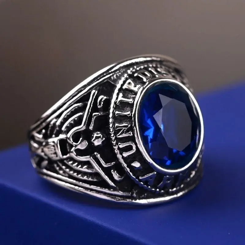 Fashion Trend Personality Men's Ring Domineering Red Green Blue Black Gemstone Inlaid Creative Retro Ring Jewelry Accessories