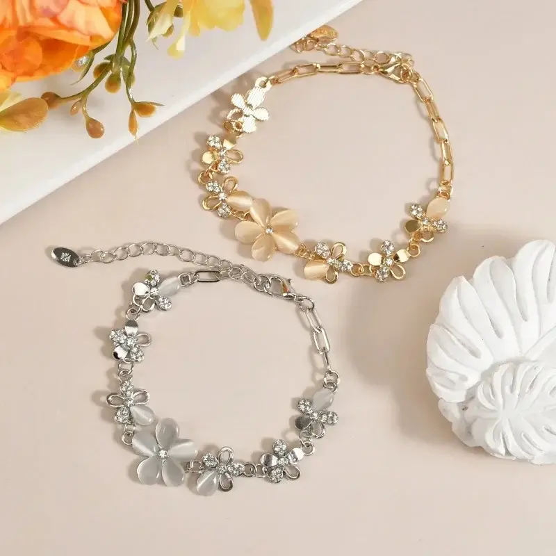 Fashion Lucky Flower Bracelet Crystals Chain Woman Stainless Steel Flower Bracelet Women Valentines Gift Wedding Party Jewelry