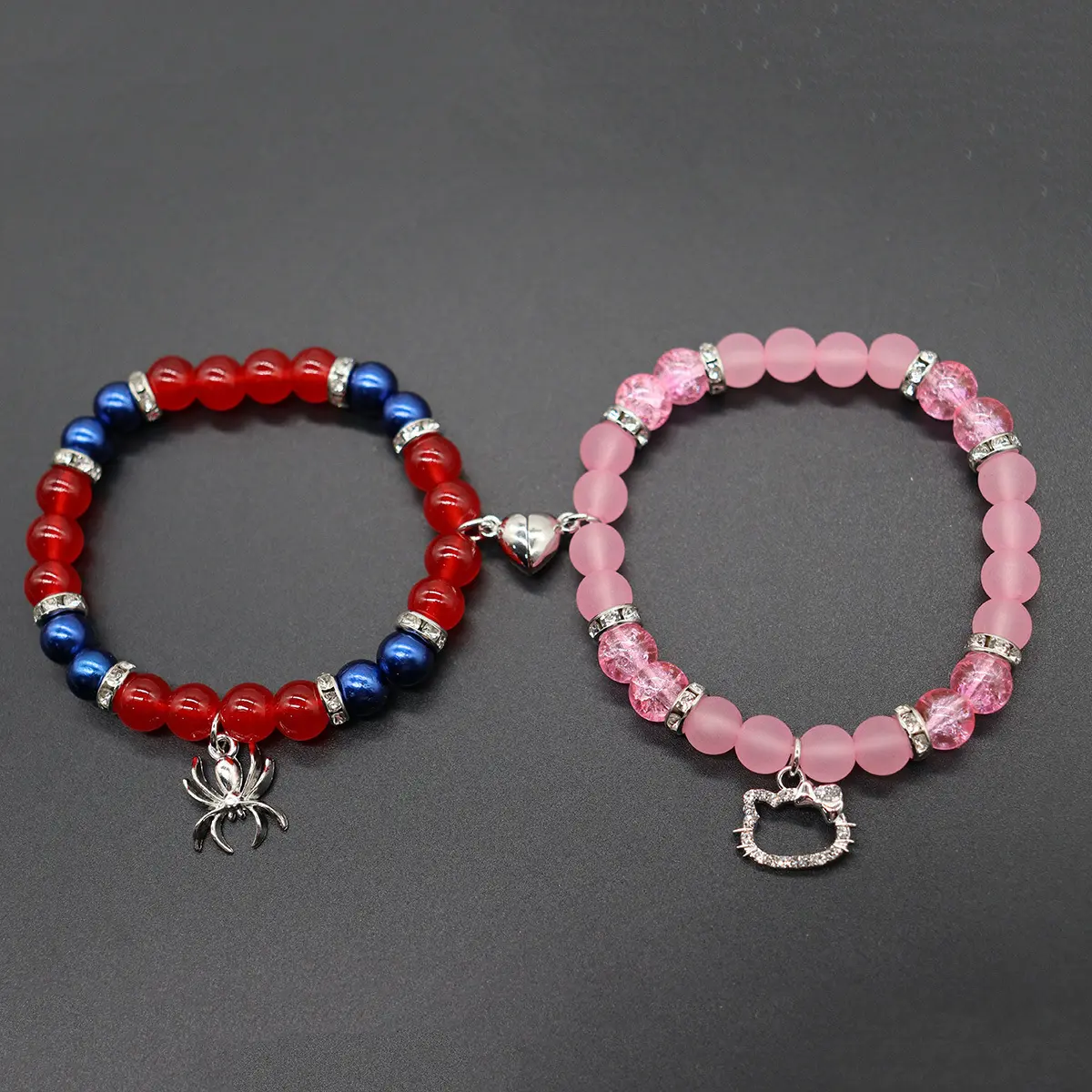 2Pcs/Set  Fashion Lovers Elastic Beads Cute Cat Pendant Heart Shape Magnet Elastic Couple's Bracelets Trendy Jewelry Gifts