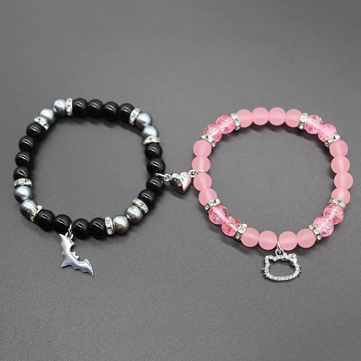 2Pcs/Set  Fashion Lovers Elastic Beads Cute Cat Pendant Heart Shape Magnet Elastic Couple's Bracelets Trendy Jewelry Gifts