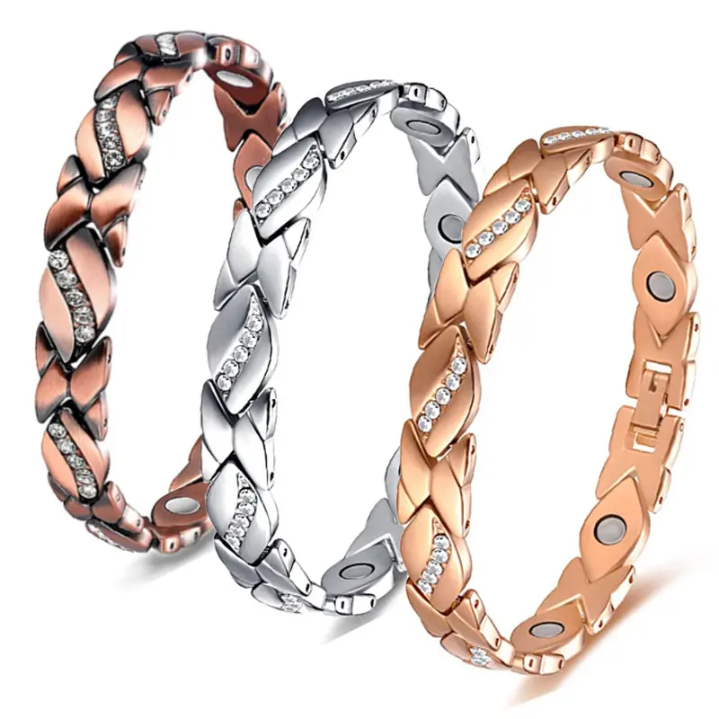New Pure Copper Magnetic Pain Relief Bracelet for Men Therapy Double Row Magnets Link Chain Vintage Stainless Steel Men Bracelet