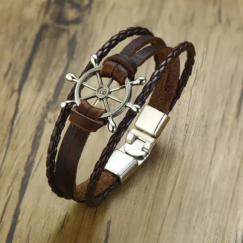 New Fashion Weave Men Sailor Rudder Leather Bracelet for Men Nautical Bangles Brackelts Brazalet Vintage Helmsman Crew Jewelry
