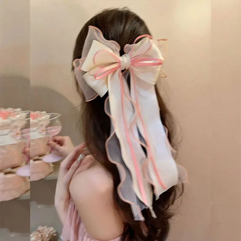 Lace Hair Bow Clip Coquette Fashion Bow Barrettes with Long Tail Ribbon for Women Christmas Valentines Wedding Prom Accessories