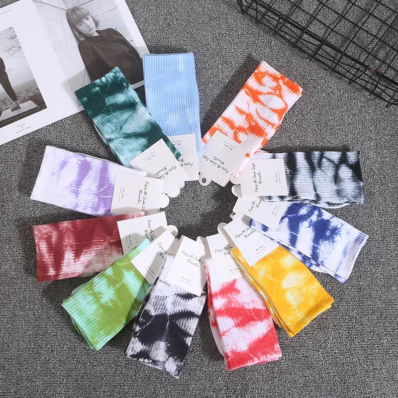 Street Trendy Hip Hop Style Men's and Women's Tie-dye Socks, Cotton, Solid Color, Used for Sports Basketball, Skateboarding
