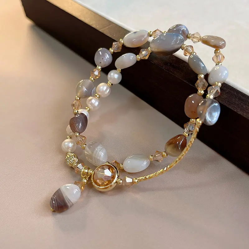 Fashion Double Layered Crystal Pearl Splicing Beaded Bracelets for Women Ethnic Crystal Beads Wrap Bracelet Bangle Jewelry Gifts