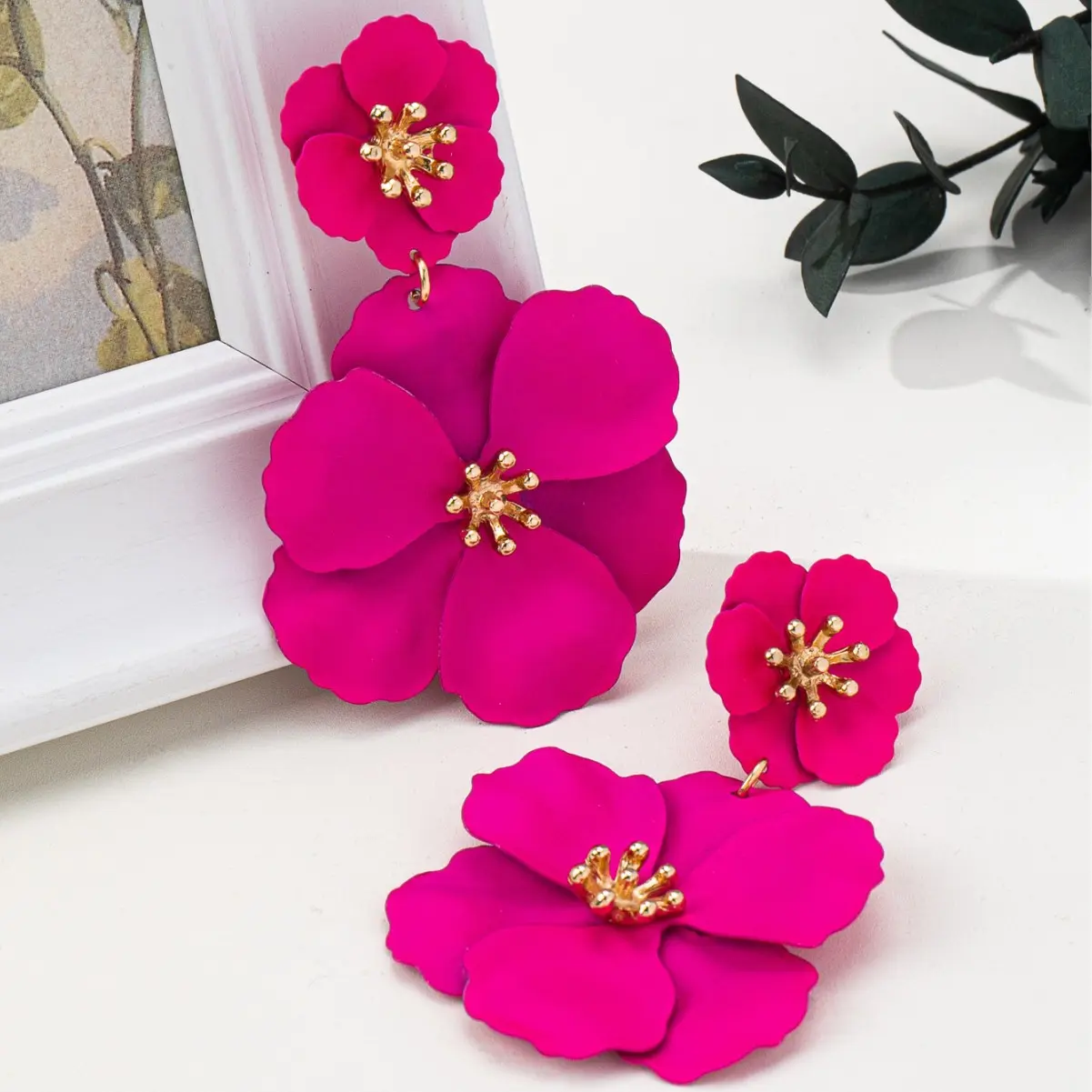 Fashion Women Fuchsia Flower Drop Luxury Earrings Holiday Bridal Dangle Earrings Fuchsia Big Flower Dangle Retro Earrings