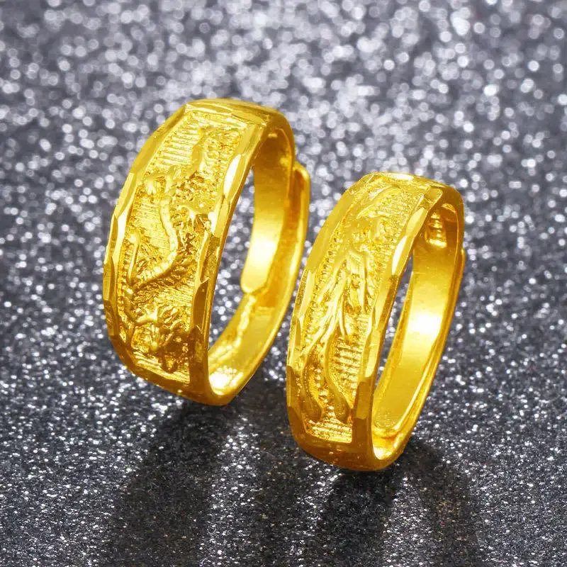 1PCS New Golden Ring Full of Stars Couple Model for Men and Women Dragon and Phoenix Agate Golden Ring Anillos De Bodas