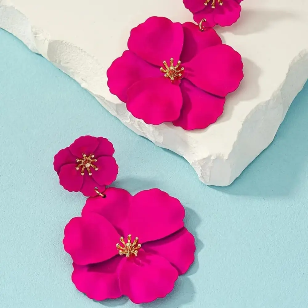 Fashion Women Fuchsia Flower Drop Luxury Earrings Holiday Bridal Dangle Earrings Fuchsia Big Flower Dangle Retro Earrings