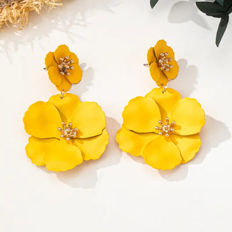Fashion Women Fuchsia Flower Drop Luxury Earrings Holiday Bridal Dangle Earrings Fuchsia Big Flower Dangle Retro Earrings