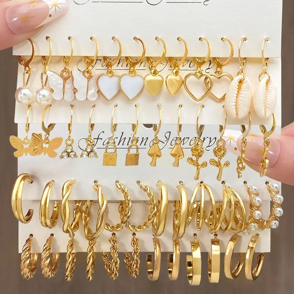 Heart Pearl Dangle Fashion Earrings Set Metal Gold Color Butterfly Locks Earrings Women Trendy Luxury Jewelry Hoop Earrings