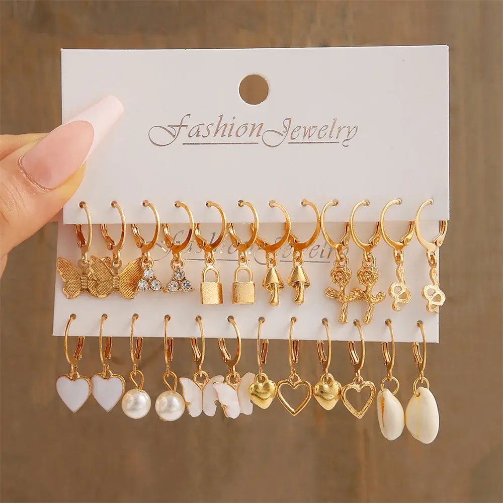 Heart Pearl Dangle Fashion Earrings Set Metal Gold Color Butterfly Locks Earrings Women Trendy Luxury Jewelry Hoop Earrings