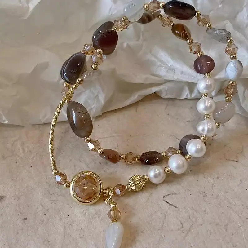 Fashion Double Layered Crystal Pearl Splicing Beaded Bracelets for Women Ethnic Crystal Beads Wrap Bracelet Bangle Jewelry Gifts