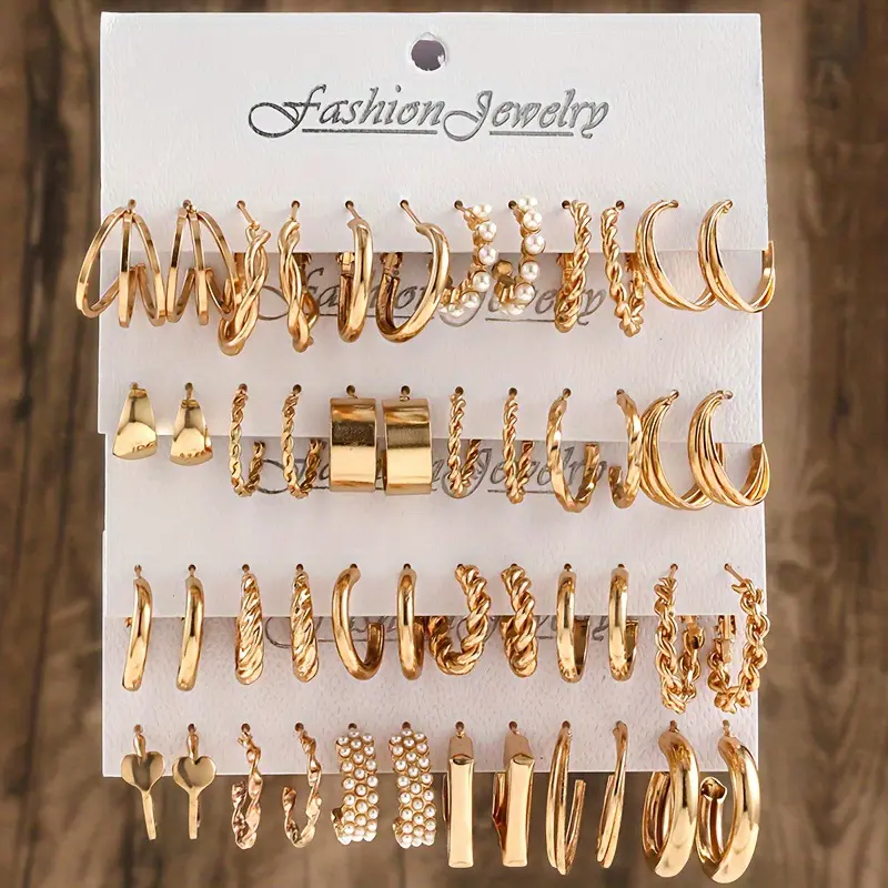 Heart Pearl Dangle Fashion Earrings Set Metal Gold Color Butterfly Locks Earrings Women Trendy Luxury Jewelry Hoop Earrings