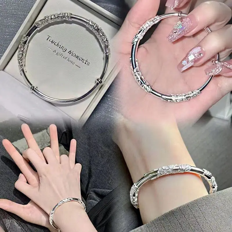 Silver Flowers Fashion Bracelet Women Simple Texture Adjustable Solid Bracelets Light Luxury Bangles Party Jewelry