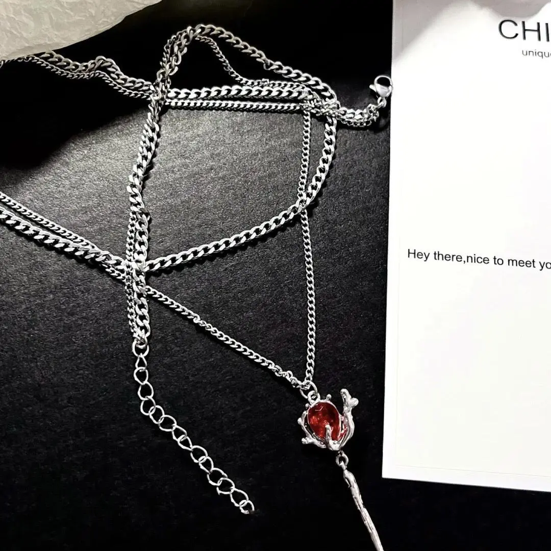Fashion Double Retro Layer Red Zircon Rose Pendant Necklace Y2K Layered Flower Stone Chain Necklaces Floral Aesthetic Necklace
