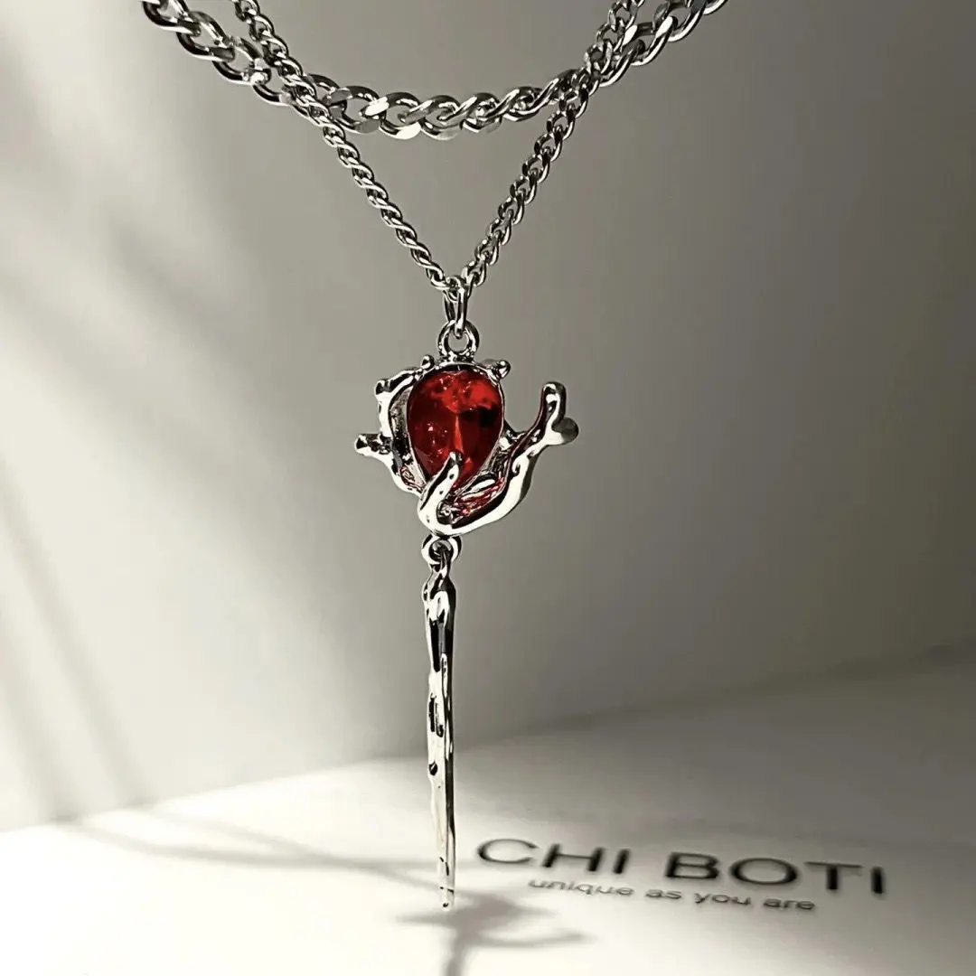 Fashion Double Retro Layer Red Zircon Rose Pendant Necklace Y2K Layered Flower Stone Chain Necklaces Floral Aesthetic Necklace