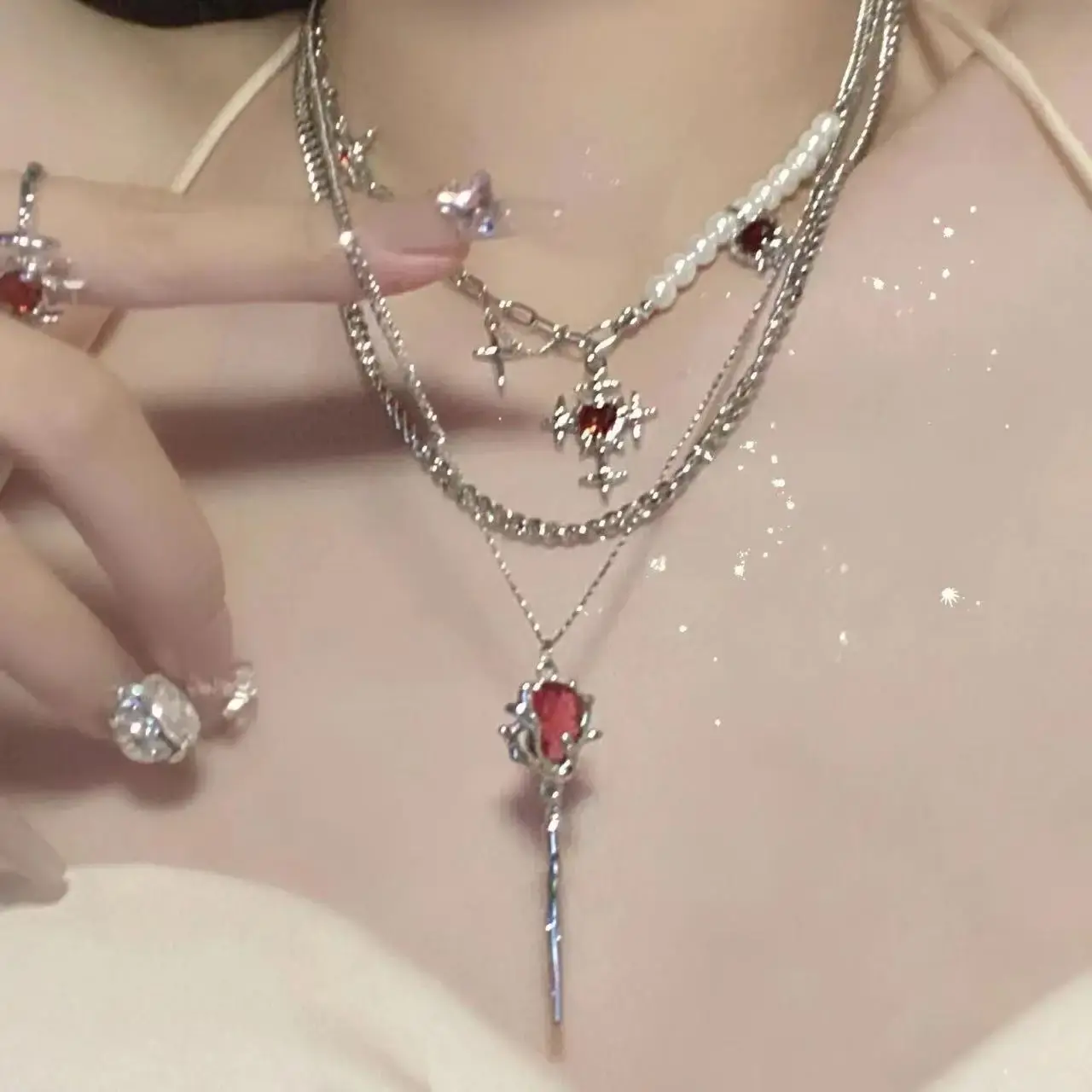 Fashion Double Retro Layer Red Zircon Rose Pendant Necklace Y2K Layered Flower Stone Chain Necklaces Floral Aesthetic Necklace