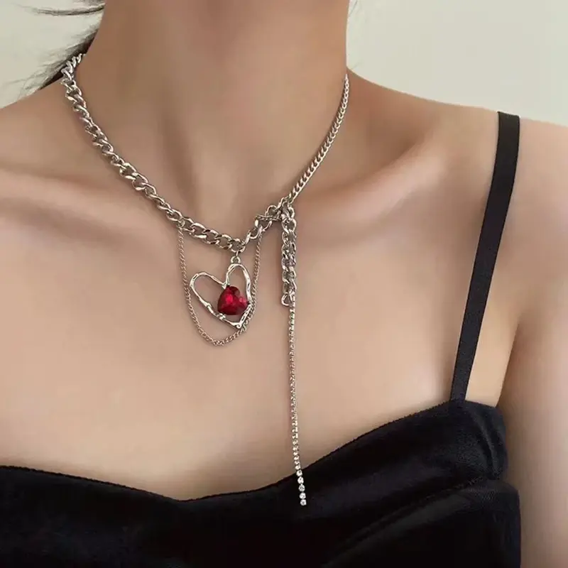 Fashion Double Retro Layer Red Zircon Rose Pendant Necklace Y2K Layered Flower Stone Chain Necklaces Floral Aesthetic Necklace