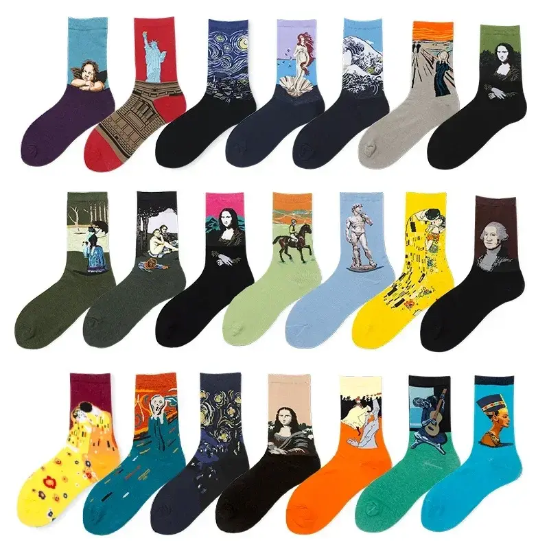 New Vintage Funny Socks Women Mona Lisa Ladies Creative Socks Happy Starry Sky Japanese Harajuku Hosiery Van Gogh New Fashion