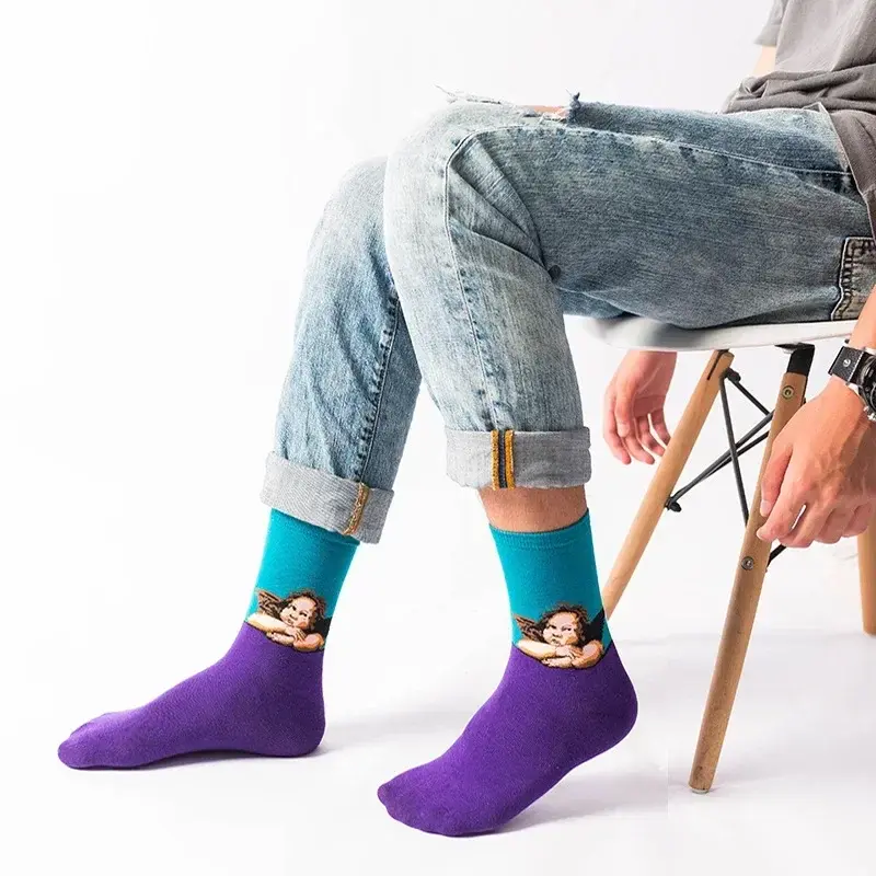 New Vintage Funny Socks Women Mona Lisa Ladies Creative Socks Happy Starry Sky Japanese Harajuku Hosiery Van Gogh New Fashion