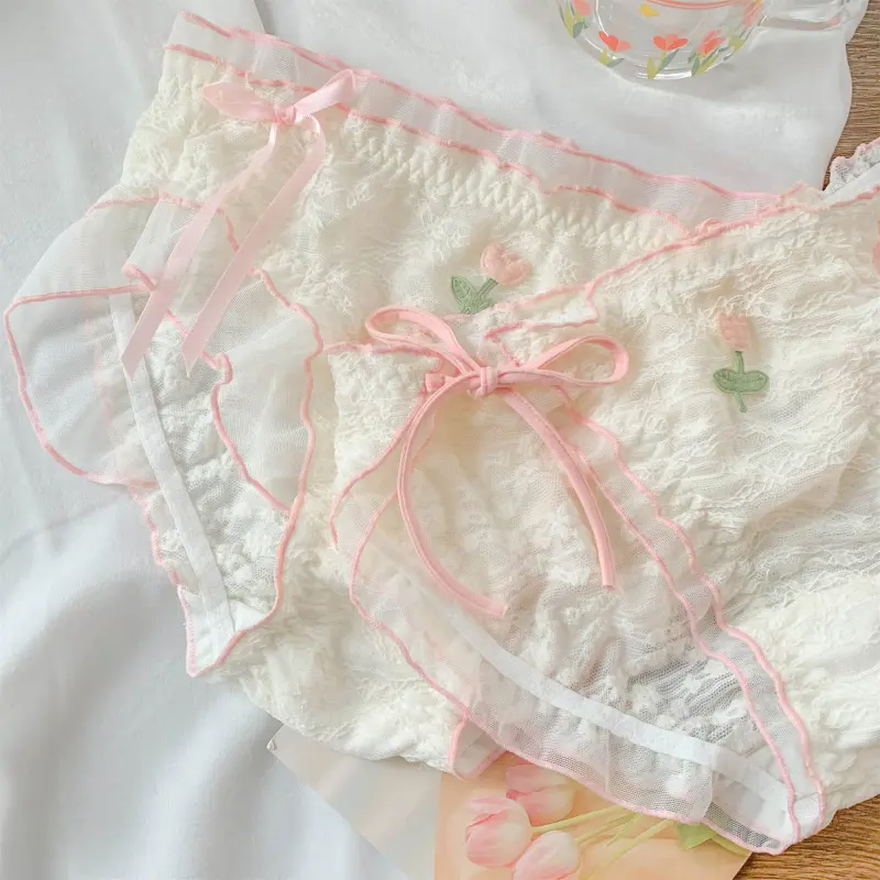Japanese-style Women Mesh Transparent Lacing Embroidery Fashion Sexy Underwear Cute Sweety Princess Low Waist Breathable Panties