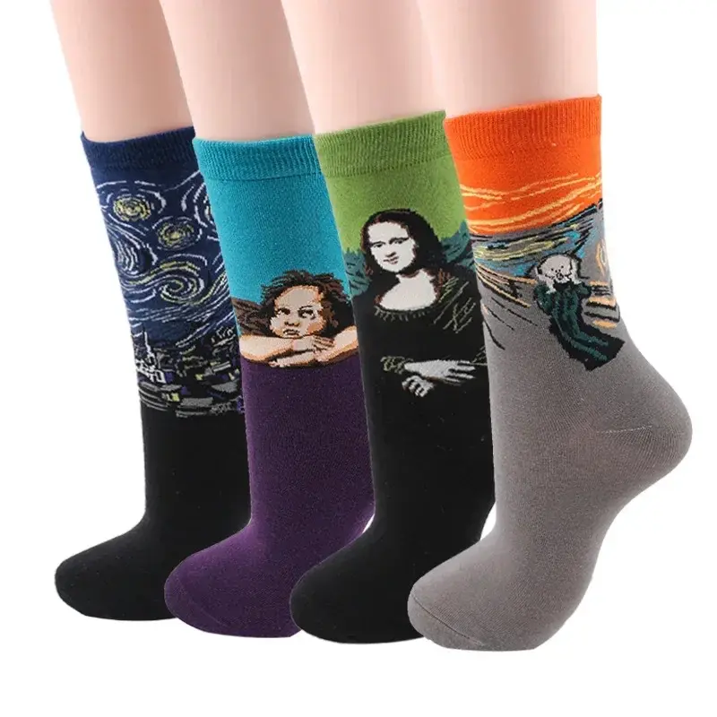 New Vintage Funny Socks Women Mona Lisa Ladies Creative Socks Happy Starry Sky Japanese Harajuku Hosiery Van Gogh New Fashion