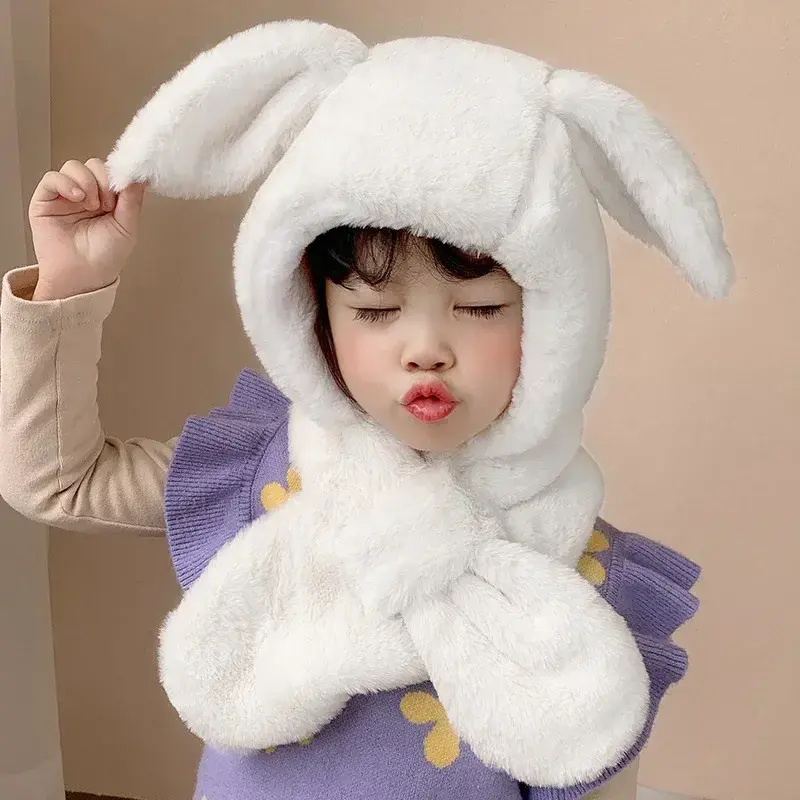 Sweet Baby Hat Scarf in One for Boys Girls Cute Autumn Winter Cartoon Cute Rabbit Ear Plush Warm Hats Children's Windproof Cap