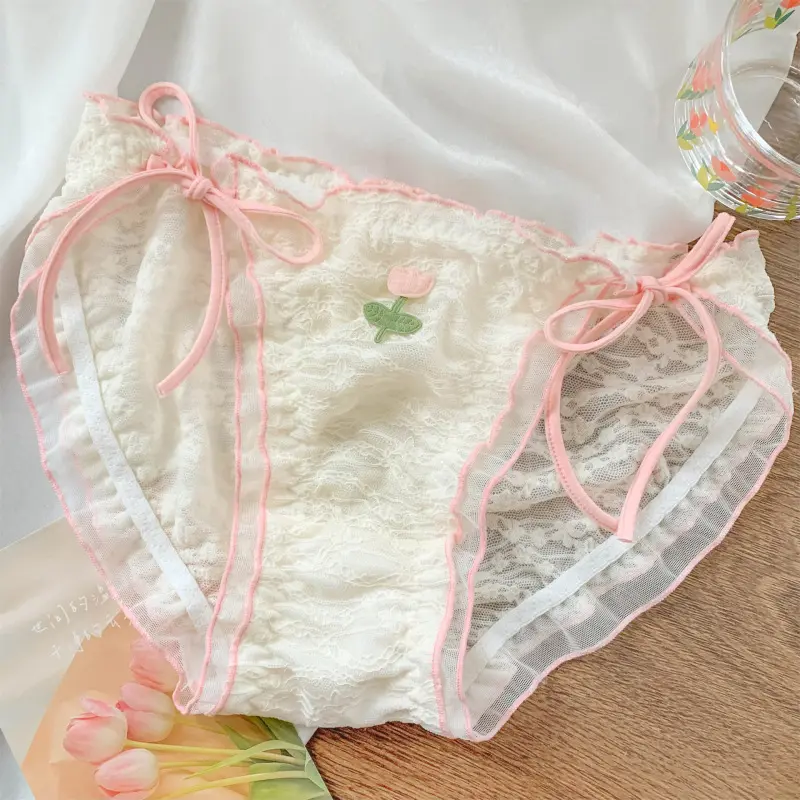 Japanese-style Women Mesh Transparent Lacing Embroidery Fashion Sexy Underwear Cute Sweety Princess Low Waist Breathable Panties