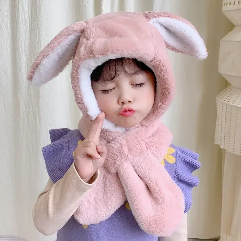 Sweet Baby Hat Scarf in One for Boys Girls Cute Autumn Winter Cartoon Cute Rabbit Ear Plush Warm Hats Children's Windproof Cap