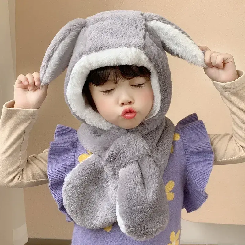 Sweet Baby Hat Scarf in One for Boys Girls Cute Autumn Winter Cartoon Cute Rabbit Ear Plush Warm Hats Children's Windproof Cap