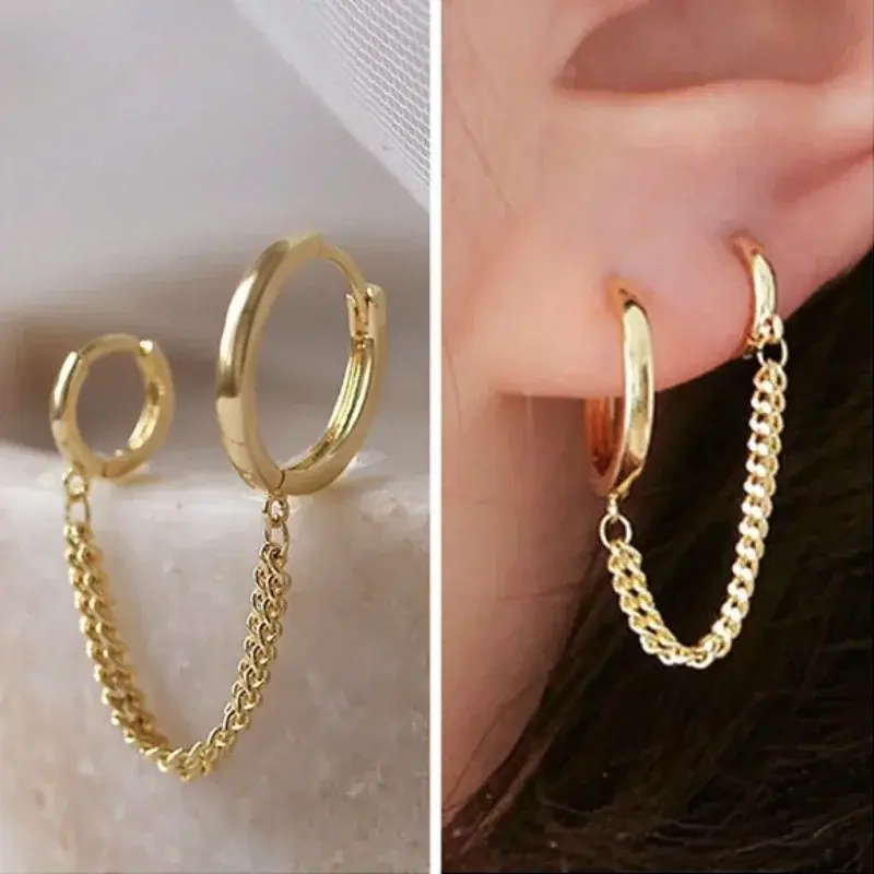 New Double Ear Hole Link Chain Hoop Earring for Women Ear Jewelry Accessories Gift Wholesale 귀걸이 Aretes