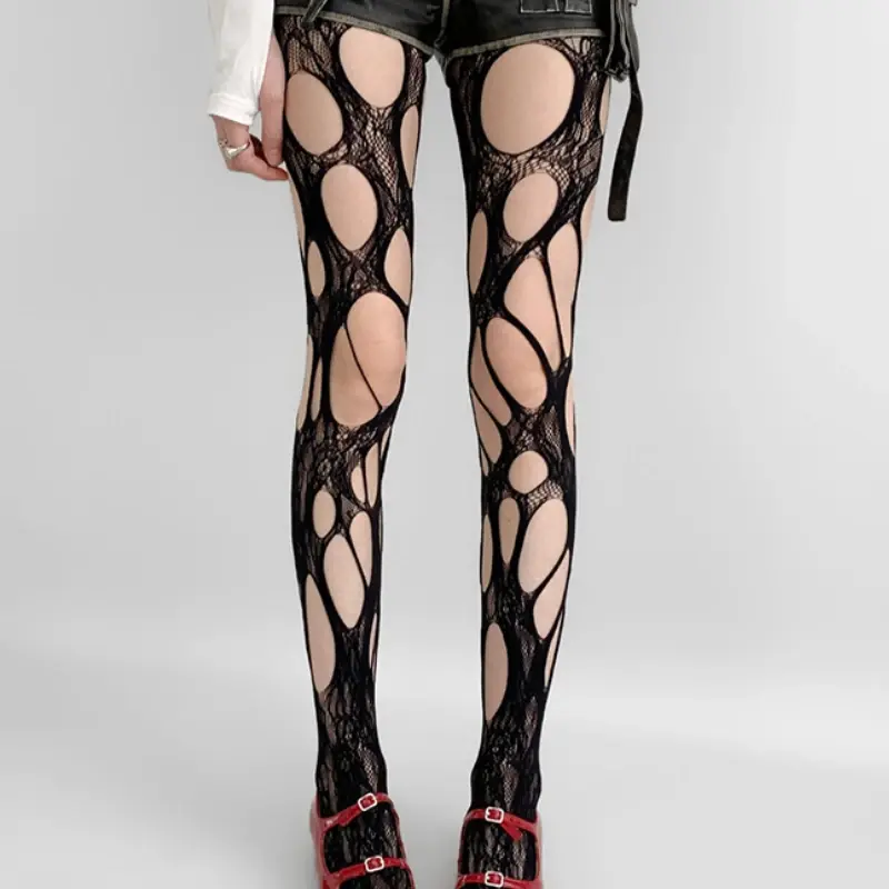 Fashion Gothic Women's Sexy Exposed Skin Tights Ripped Fishnet Thin Pantyhose Punk Y2K Hollowed Retro Lace Sexy Silk Stockings