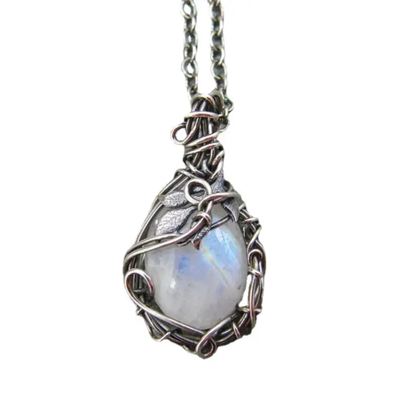 Artificial Moonstone Fashion Pendant Necklace Gems Cabochon Vintage Boho Moon Necklace Fashion Jewelry Women Gift