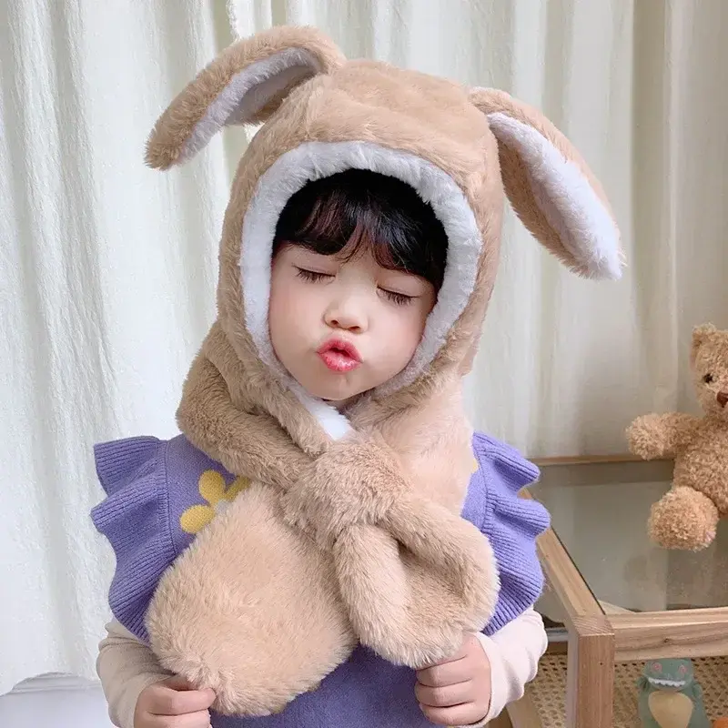 Sweet Baby Hat Scarf in One for Boys Girls Cute Autumn Winter Cartoon Cute Rabbit Ear Plush Warm Hats Children's Windproof Cap